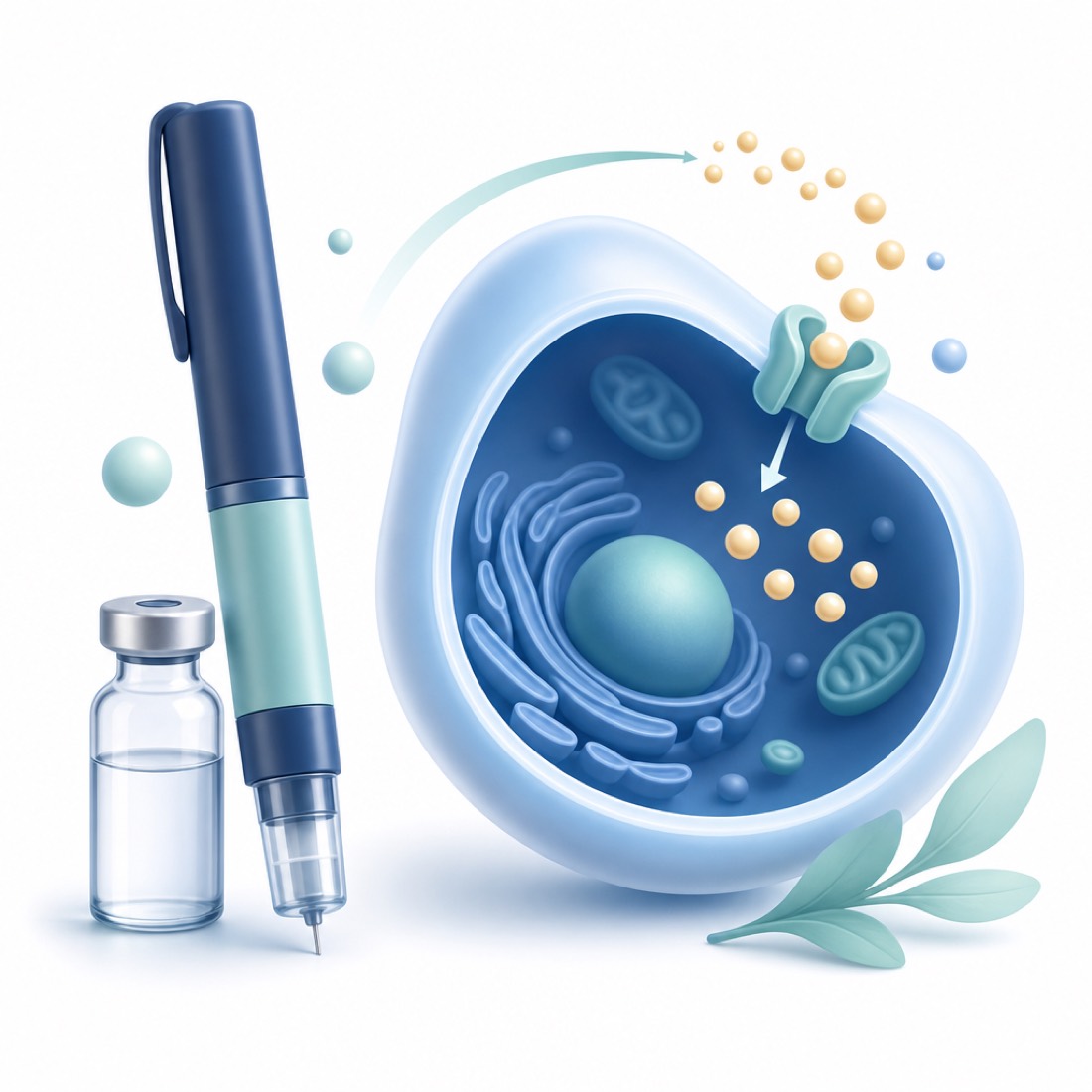 Illustration of an insulin pen and vial beside a body cell taking in glucose