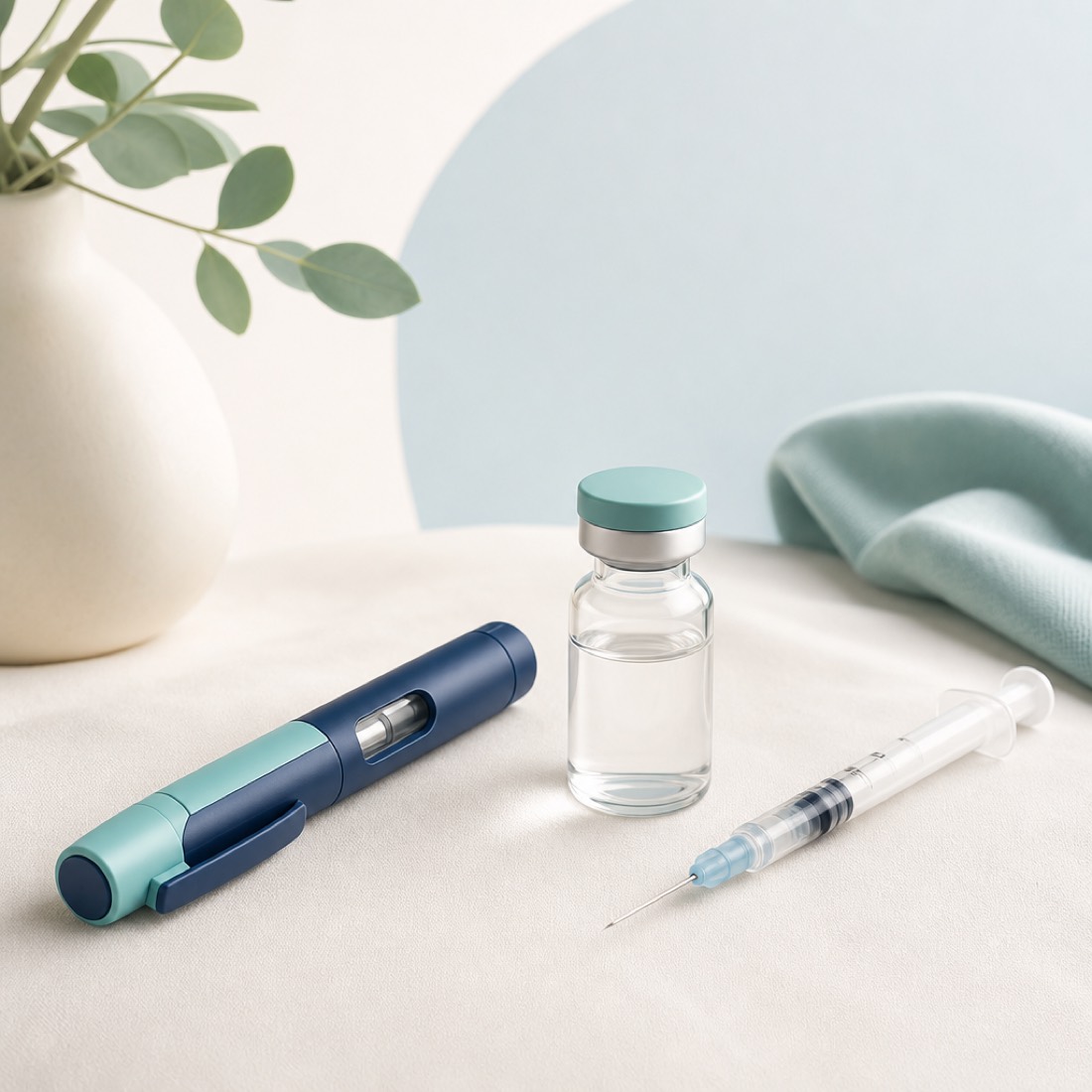 An insulin pen, a vial and a syringe arranged on a clean surface